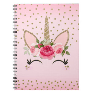 Gold Glitter & Pink Floral Unicorn Trendy Notebook