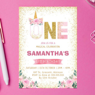Gold Glitter Pink Flowers Unicorn 1st Birthday Invitation