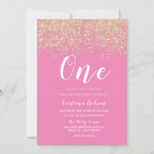 Gold Glitter Pink Girls 1st Birthday Party Invitation