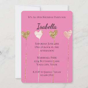 Gold Glitter Pink Glam Heart Strings Birthday Invitation