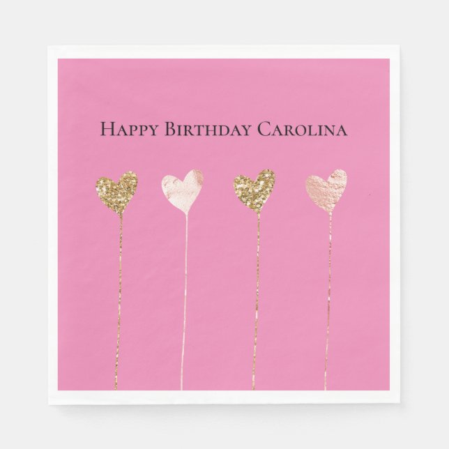 Gold Glitter Pink Glam Heart Strings Birthday Napkin (Front)