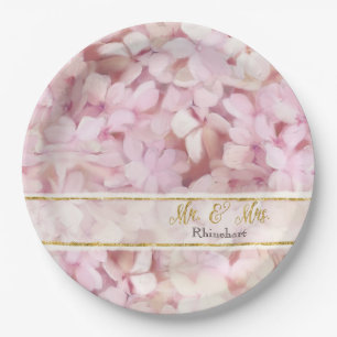 Gold Glitter Pink Hydrangea Flowers Mr. and Mrs. Paper Plate
