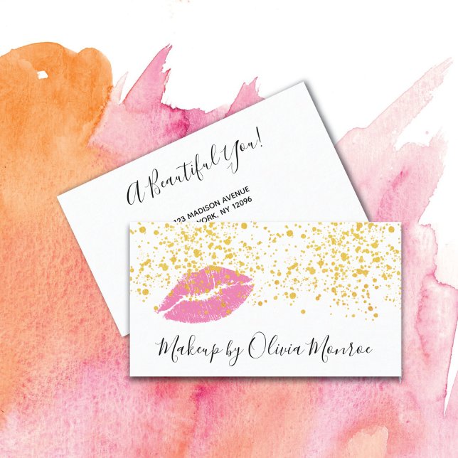 Gold Glitter Pink Lips Makeup Artist Business Card (Creator Uploaded)
