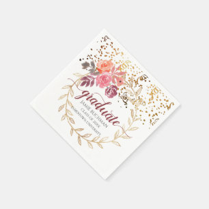 Gold Glitter Pink Marsala Floral Graduate Party Napkin