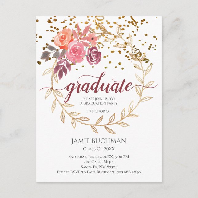 Gold Glitter Pink Marsala Floral Graduation Party Invitation Postcard (Front)