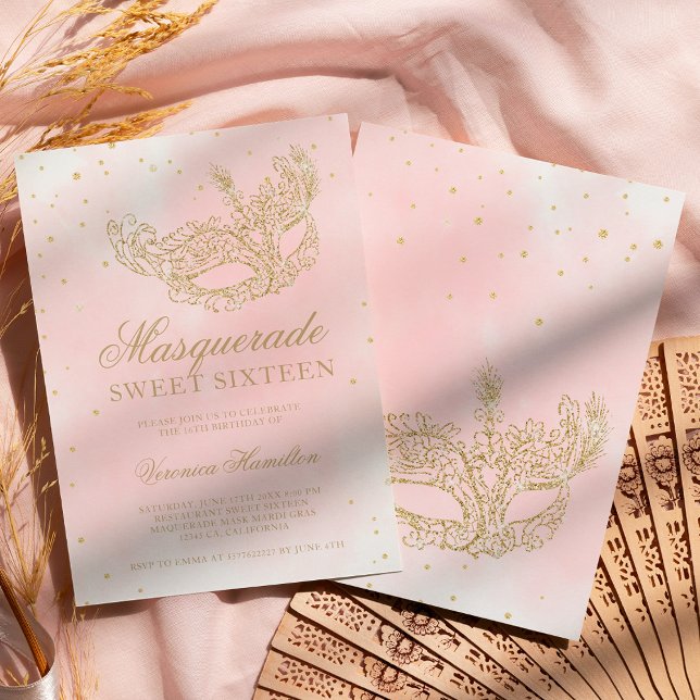 gold glitter pink masquerade mask Sweet 16 Invitation (Creator Uploaded)