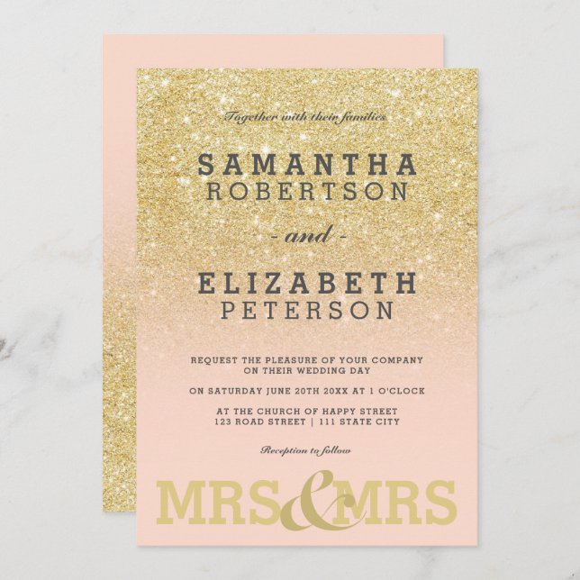 Gold glitter pink ombre lesbian wedding invitation (Front/Back)