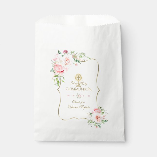 Gold Glitter Pink Peony Floral Holy Communion Favour Bag (Front)