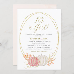 Gold Glitter Pink Pumpkins It's a Girl Baby Shower Invitation