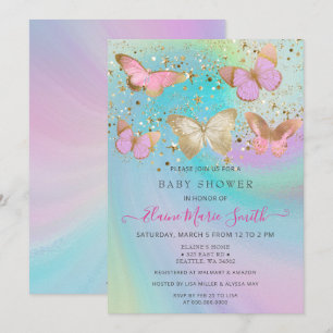 Gold Glitter Pink Purple Butterflies Baby Shower Invitation