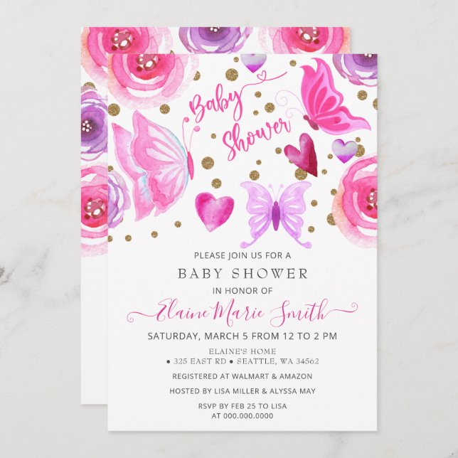 Gold Glitter Pink Purple Butterflies Baby Shower  Invitation (Front/Back)