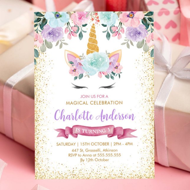 Gold Glitter Pink Purple Floral Unicorn Birthday Invitation (Creator Uploaded)