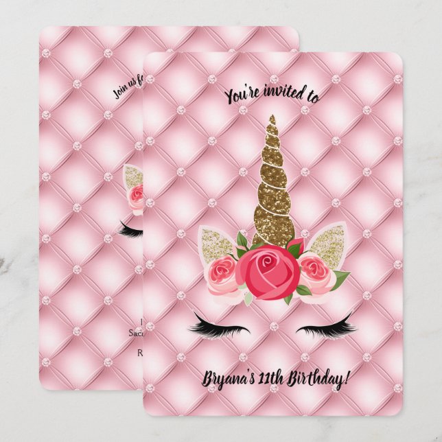 Gold Glitter & Pink Roses Unicorn Birthday Party Invitation (Front/Back)