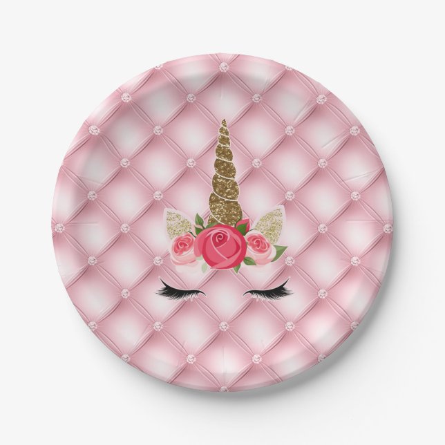 Gold Glitter & Pink Roses Unicorn Birthday Party Paper Plate (Front)
