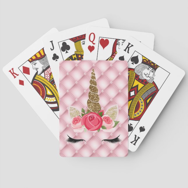 Gold Glitter & Pink Roses Unicorn Cute Trendy Playing Cards (Back)