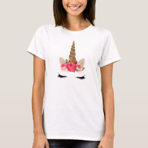 Gold Glitter & Pink Roses Unicorn Cute Trendy T-Shirt