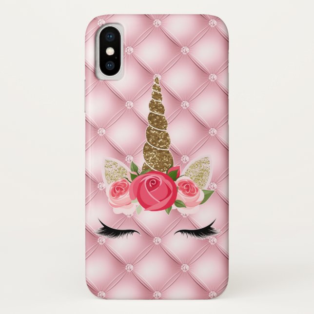 Gold Glitter & Pink Roses Unicorn Girl Trendy Case-Mate iPhone Case (Back)