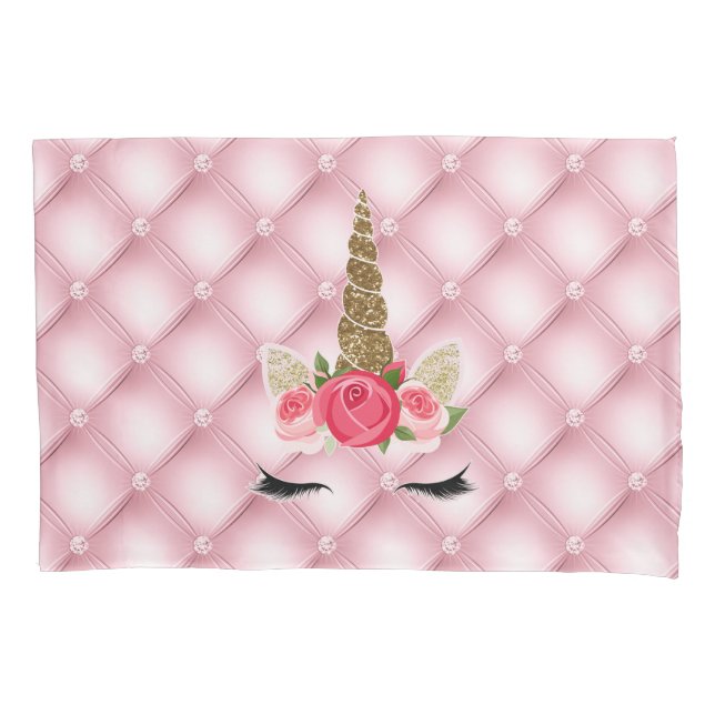 Gold Glitter & Pink Roses Unicorn Girl Trendy Pillowcase (Front)