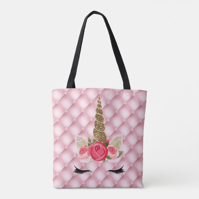 Gold Glitter & Pink Roses Unicorn Girl Trendy Tote Bag (Back)