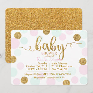 Gold Glitter Pink Seafoam Dots Baby Shower Invitation