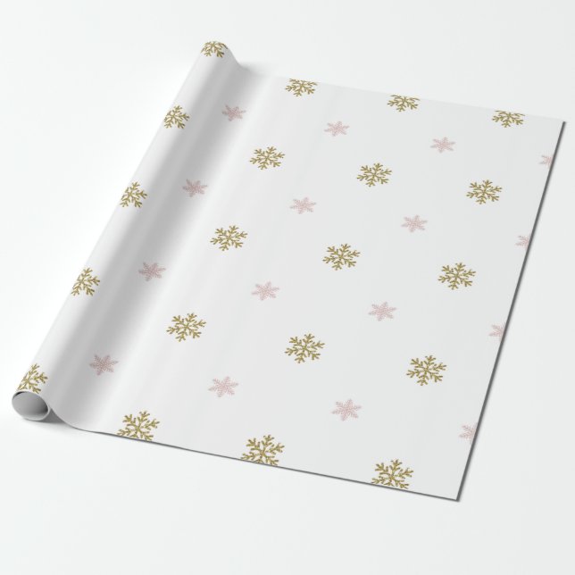 Gold glitter & pink snowflakes on white Christmas Wrapping Paper (Unrolled)