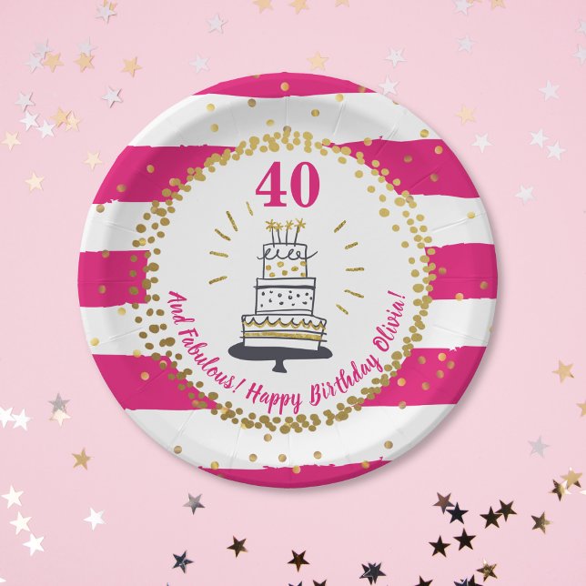 Gold Glitter Pink Stripe Any Age Happy Birthday Paper Plate (Creator Uploaded)