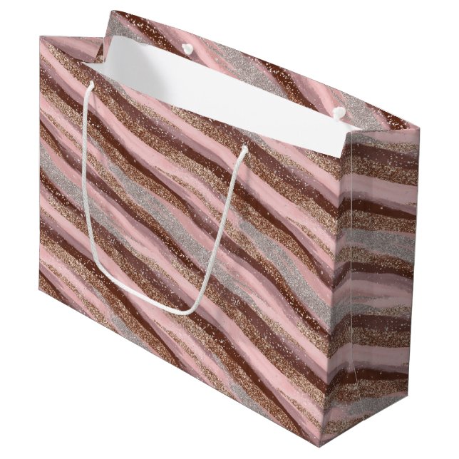 Gold Glitter Pink Stripes Large Gift Bag (Front Angled)