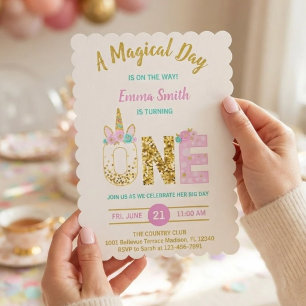 Gold Glitter Pink Unicorn 1st Birthday Invitation