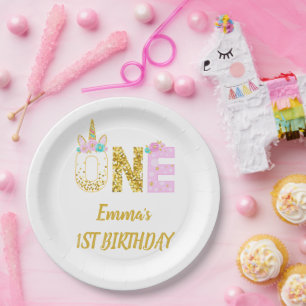 Gold Glitter Pink Unicorn 1st Birthday Paper Plate