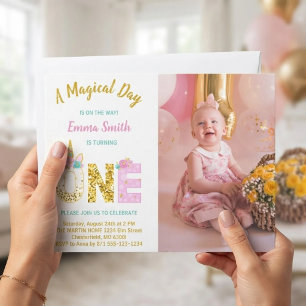 Gold Glitter Pink Unicorn 1st Birthday Photo Invitation