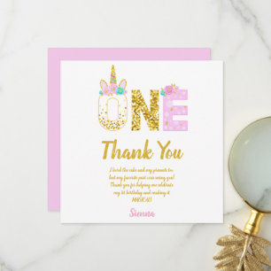 Gold Glitter Pink Unicorn 1st Birthday Thank You Card