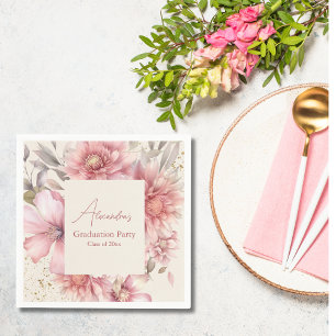 Gold glitter pink watercolor floral graduation napkin