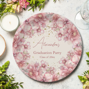 Gold glitter pink watercolor floral graduation paper plate