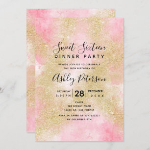 Gold glitter pink watercolor script Sweet 16 Invitation