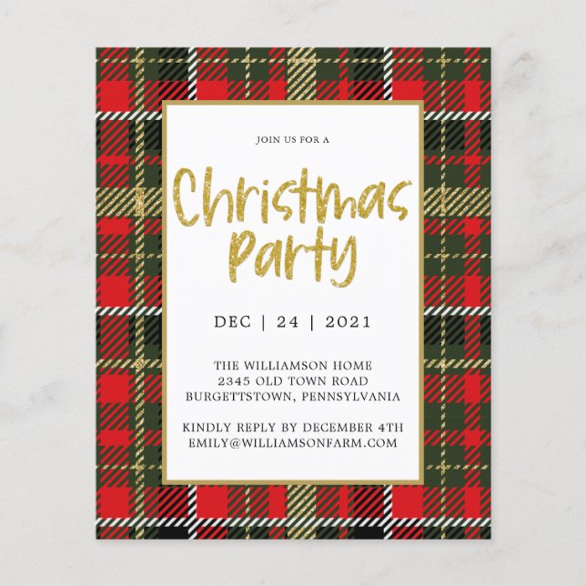 Gold Glitter Plaid Budget Christmas Party Invite (Front)