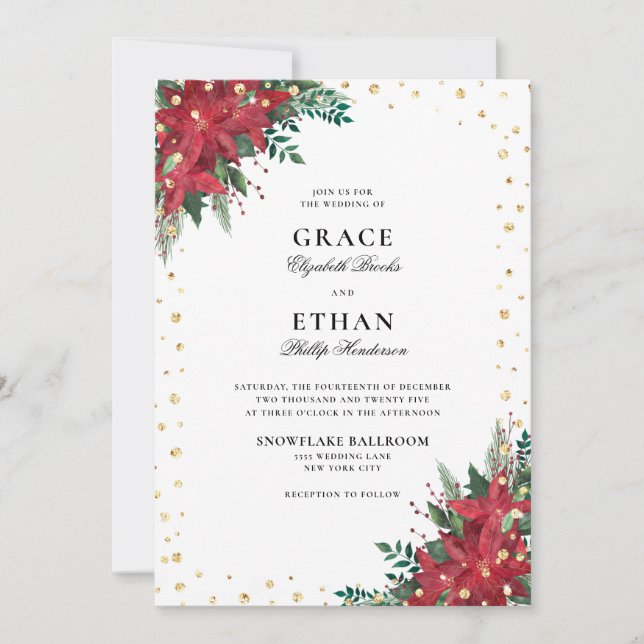 Gold Glitter Poinsettia Florals Christmas Wedding Invitation (Front)