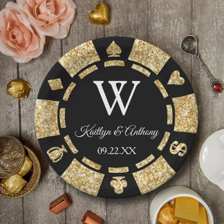 Gold Glitter Poker Chip Casino Wedding Party Paper Plate