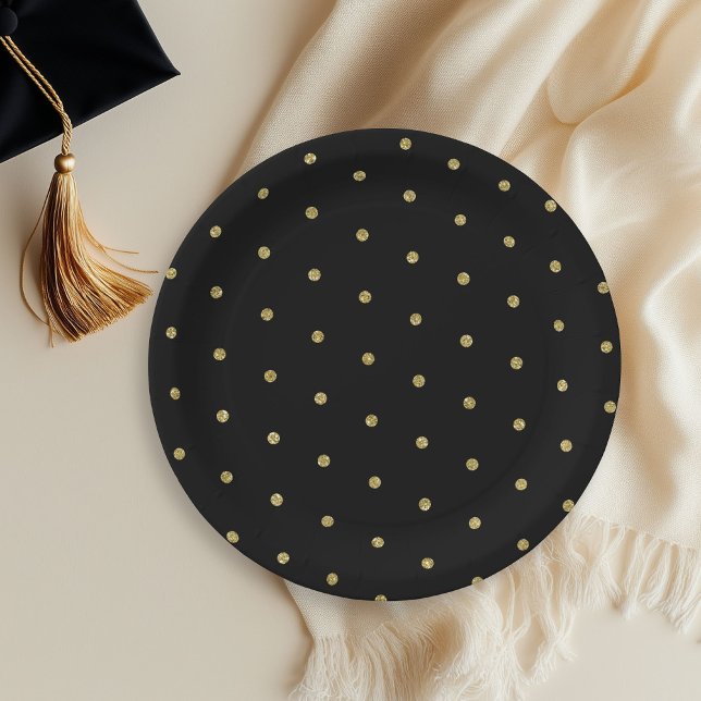 Gold Glitter Polka Dot Pattern Black  Paper Plate (Creator Uploaded)