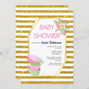 Gold glitter polygon, tea cups floral baby shower invitation