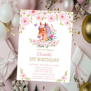 Gold Glitter Pony Floral Birthday Invitation
