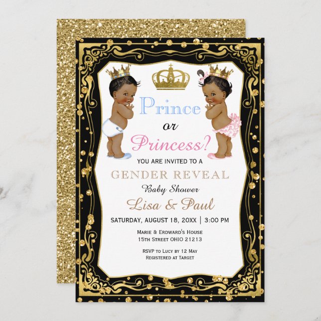Gold Glitter Prince or Princess Gender Reveal  Invitation (Front/Back)