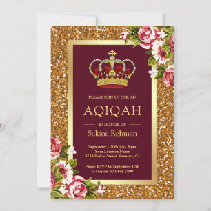 Gold Glitter Princess Burgundy Floral Aqiqah Invitation