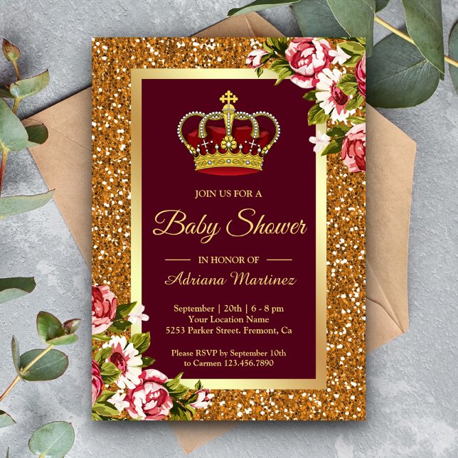 Gold Glitter Princess Burgundy Floral Baby Shower Invitation (Creator Uploaded)