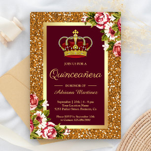 Gold Glitter Princess Burgundy Floral Quinceanera Invitation