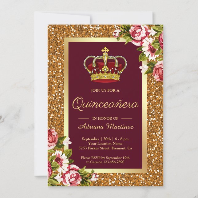 Gold Glitter Princess Burgundy Floral Quinceanera Invitation (Front)
