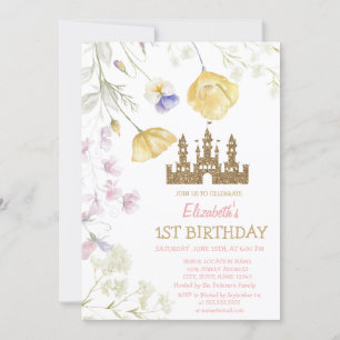 Gold Glitter Princess Castle Wildflowers Birthday  Invitation