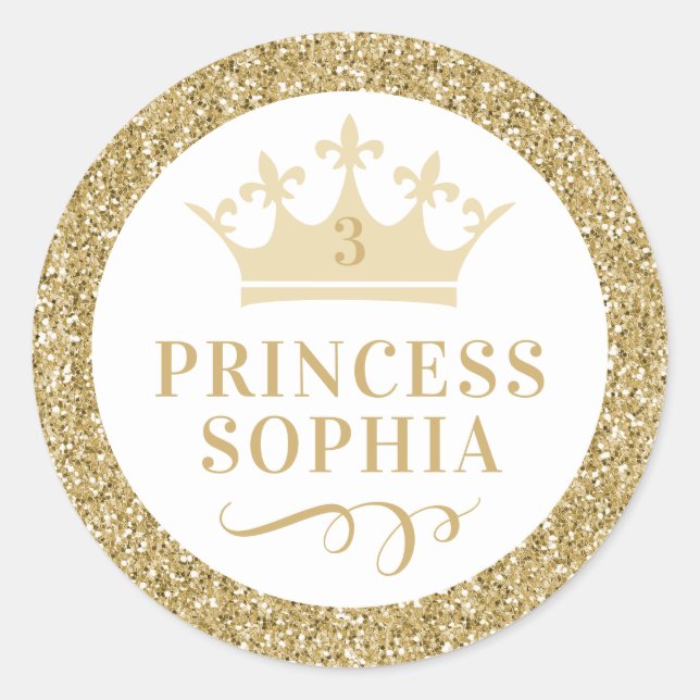Gold Glitter Princess Party Favour Sticker Label (Front)