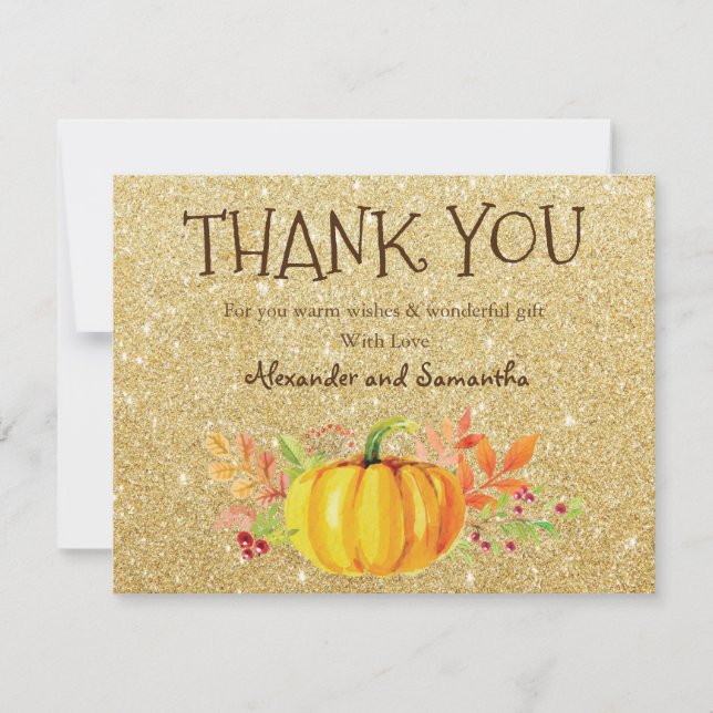 Gold Glitter  Pumpkin Fall Thank You Card (Front)