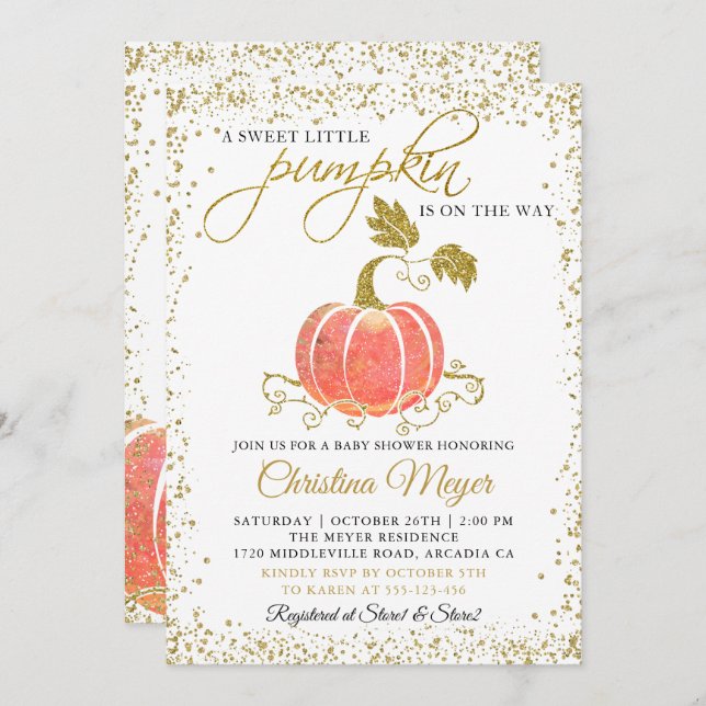 Gold Glitter Pumpkin Gender Neutral Baby Shower Invitation (Front/Back)