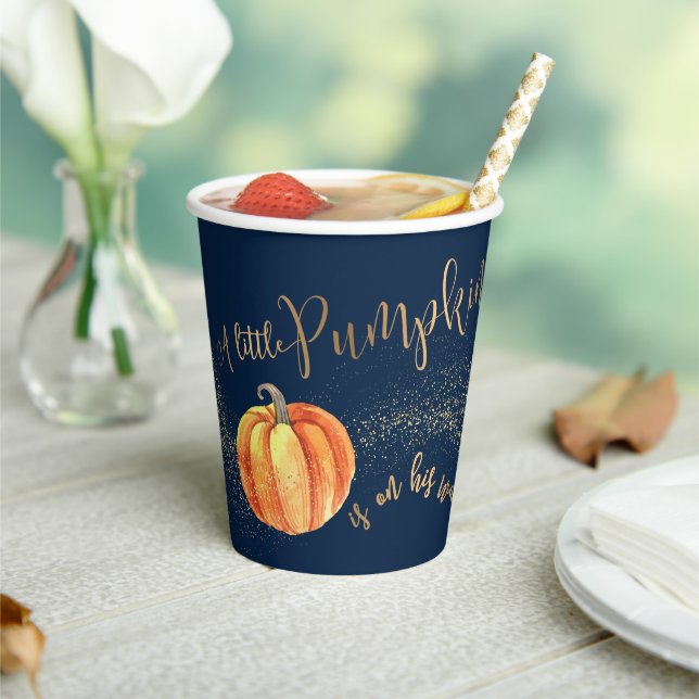 Gold Glitter Pumpkin Navy Blue Boy Baby Shower Paper Cups (Insitu)